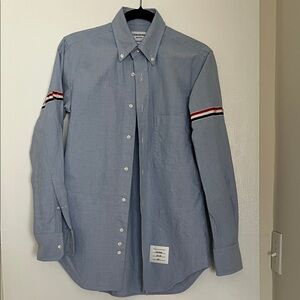 Thom Browne Men's Light Blue Button-Down Shirt with Sleeve Stripes